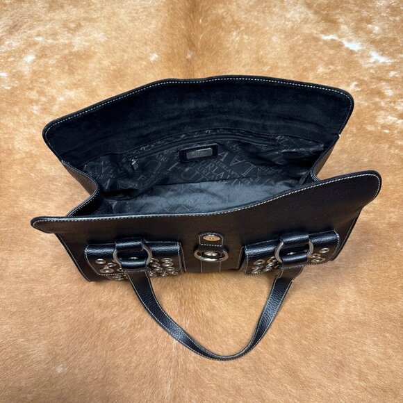 Furla Black Leather Grommet Satchel Bag Made in Italy, Pebbled Leather Tote with - Picture 6 of 11